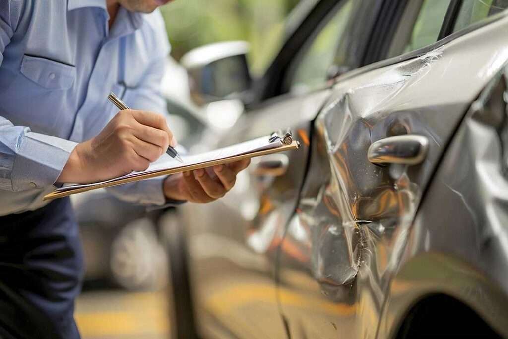Two drivers exchange insurance information beside damaged vehicles after a roadway collision.